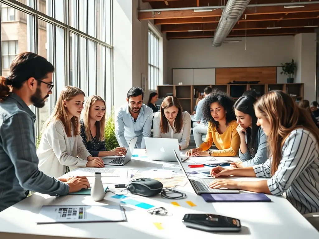 A diverse group of employees collaborating in a modern open-plan office.