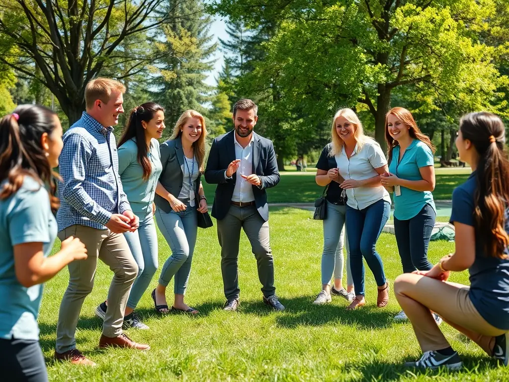Employees participating in a team-building activity outdoors.