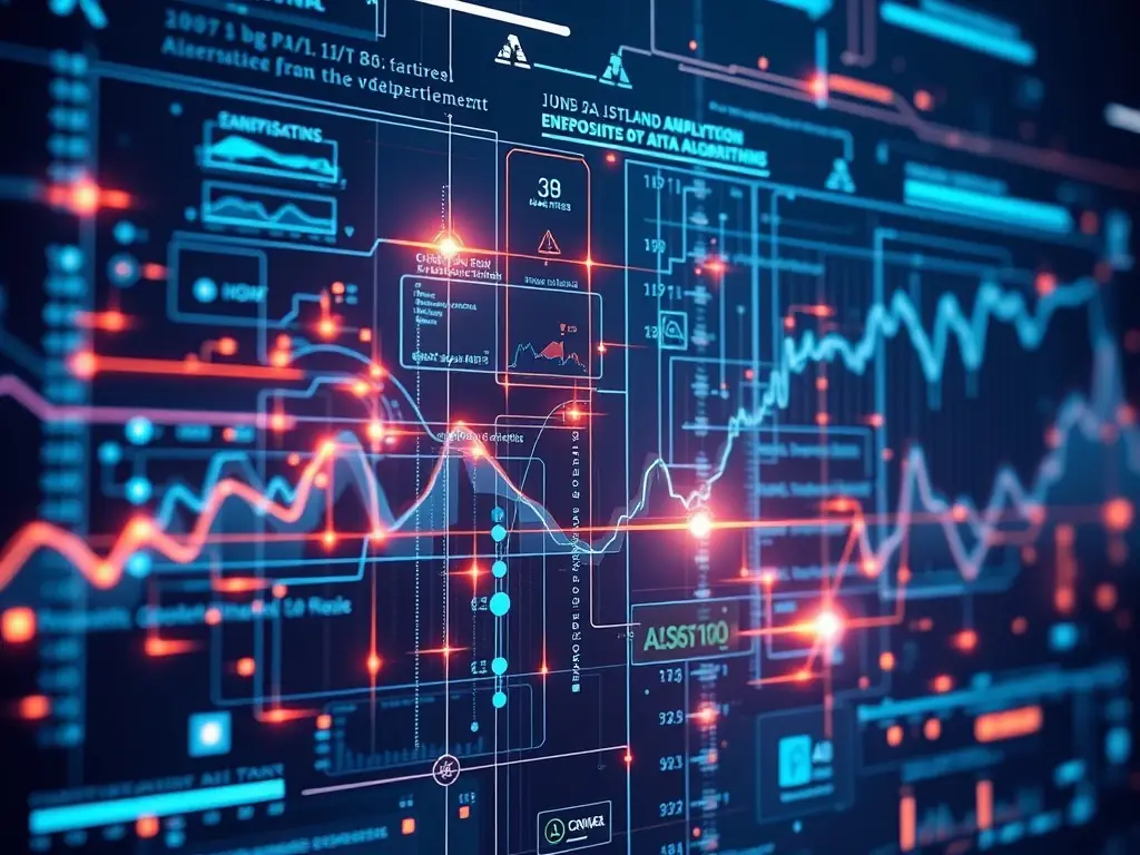 A futuristic digital interface showcasing AI algorithms in a dark setting.